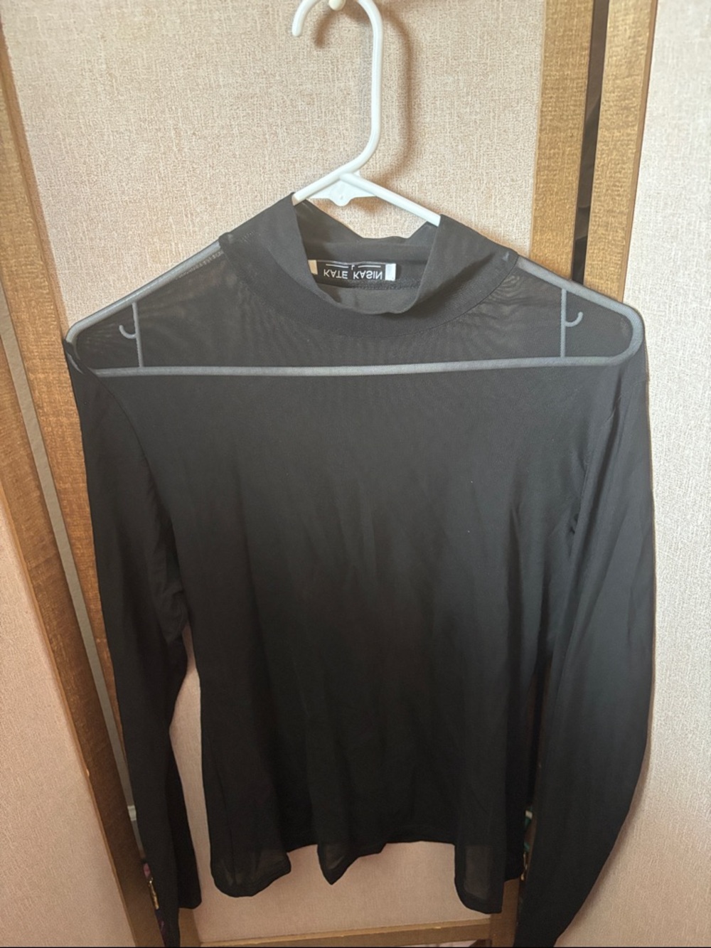 Kate Kasin Sheer Black Long Sleeve Mock Neck Top Large